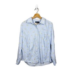 Karen Scott Blue White Pin Stripe Floral Print Button Down Blouse Yellow Flowers